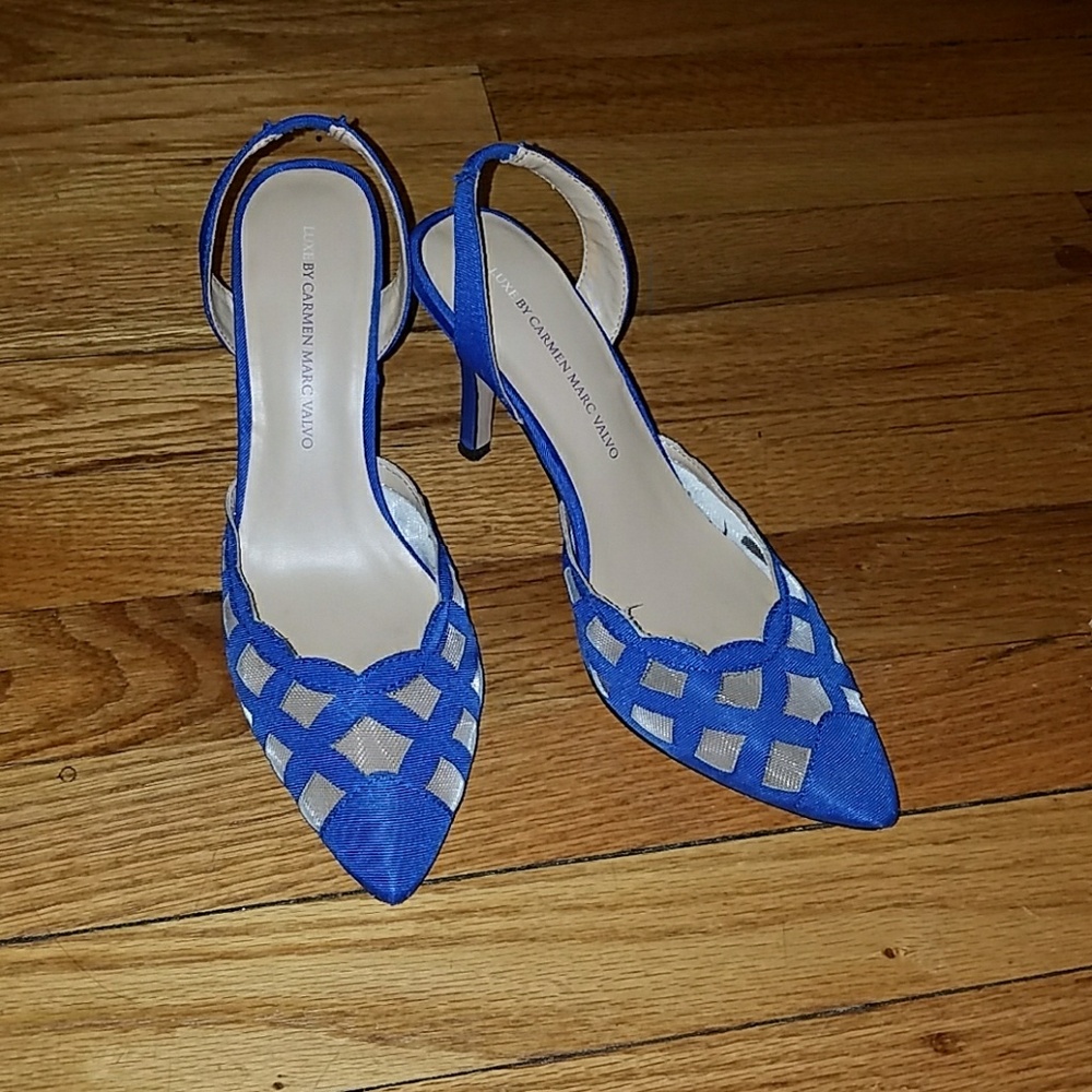 Carmen Marc Valvo Cobalt Blue Woven Pointed Slingback Heels